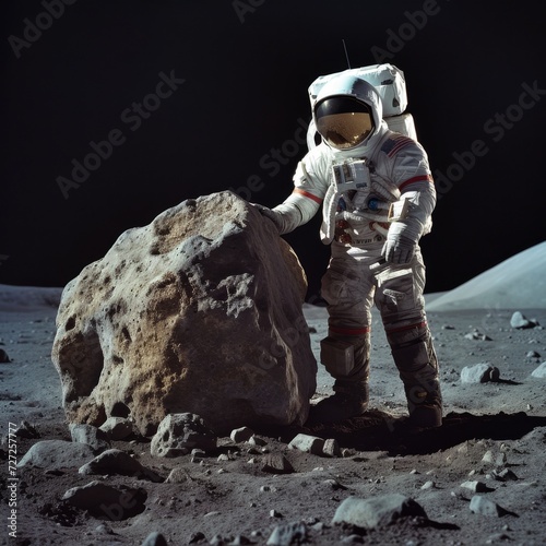 Astronaut in Space Suit Admiring a Grand Moon Rock © lc design