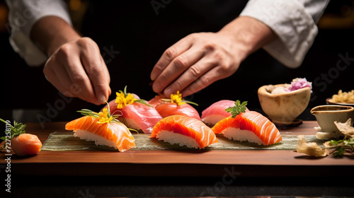 The sophistication of high-end sushi is showcased by the chef's hands, soft ambient lighting to highlight the vibrant colors of the seafood, and an unusual presentation style that adds an element.