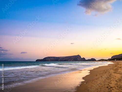 Sand beach and blue sky on Porto Santo island at sunset