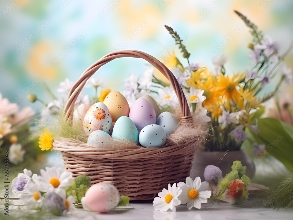 Easter basket with colorful eggs Easter basket with colorful eggs