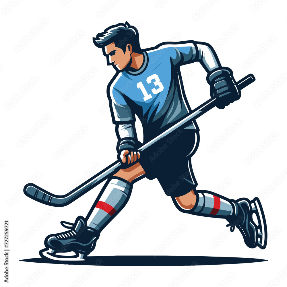 Obraz premium Ice hockey player sportsman vector illustration, winter sport activity, hockey male player design template isolated on white background