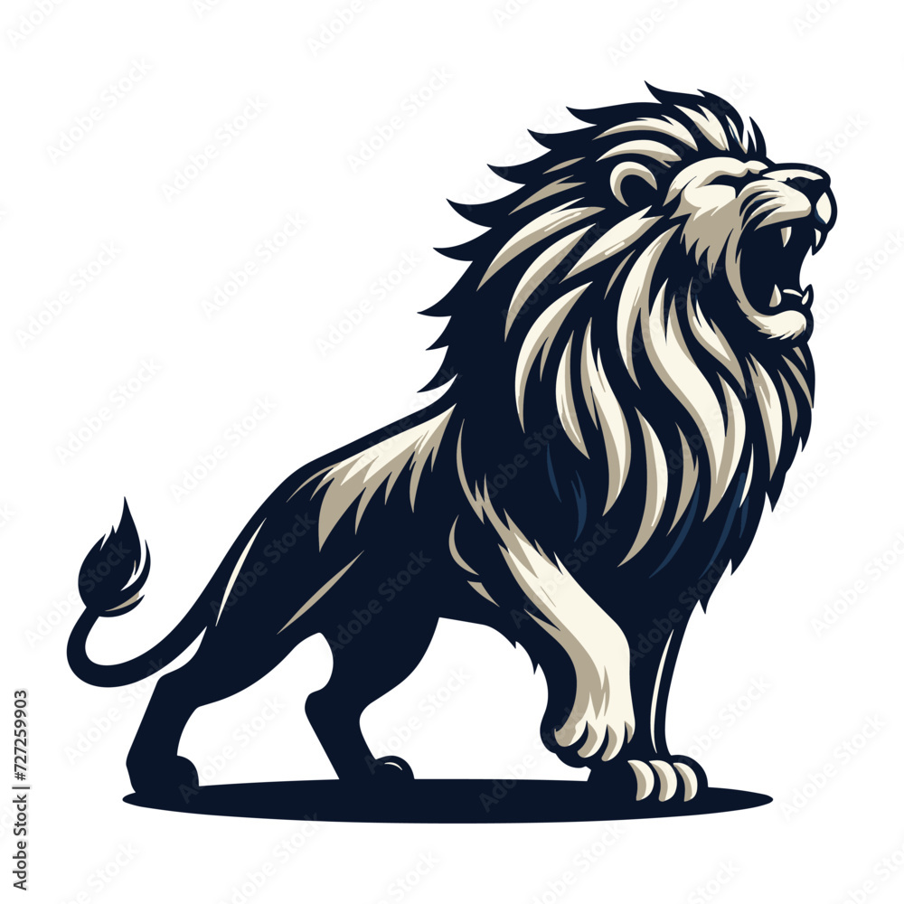 Wild roaring lion full body vector illustration, zoology illustration, majestic predator safari animal big cat design template isolated on white background Wild roaring lion full body vector illustration, zoology illustration, majestic predator safari animal big cat design template isolated on white background