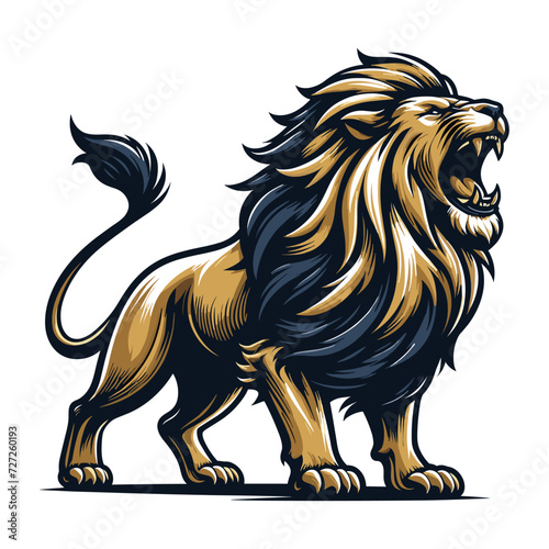 Wild roaring lion full body vector illustration, zoology illustration, majestic predator safari animal big cat design template isolated on white background