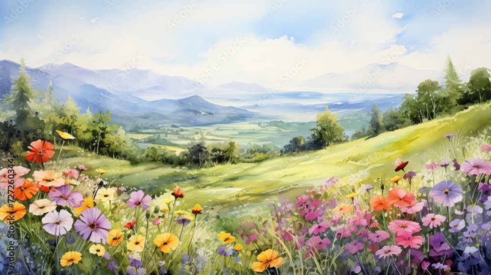 A peaceful meadow filled with colorful wildflowers. landscape watercolor Generative AI