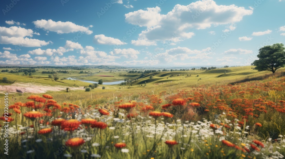 A prairie landscape teeming with Indian paintbrushes, sunflowers, and other spring wildflowers. Generative AI