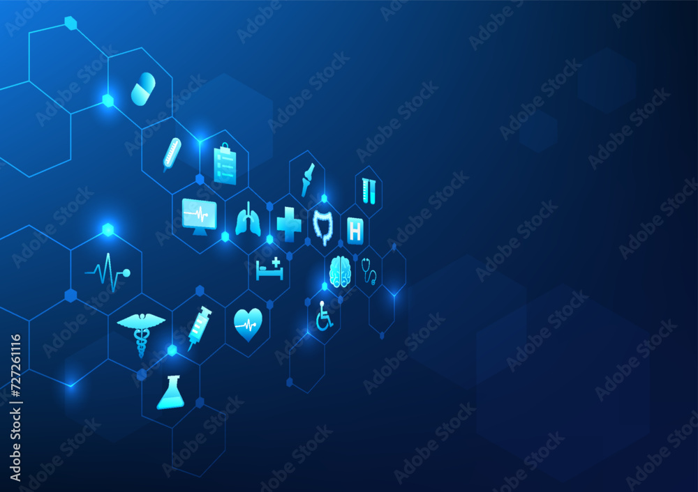 Health care technology Medical icons are inside hexagons that form a honeycomb. Shows the technology that has been used to help doctors treat patients well and safely. Vector illustration Health care technology Medical icons are inside hexagons that form a honeycomb. Shows the technology that has been used to help doctors treat patients well and safely. Vector illustration
