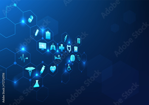 Health care technology Medical icons are inside hexagons that form a honeycomb. Shows the technology that has been used to help doctors treat patients well and safely. Vector illustration