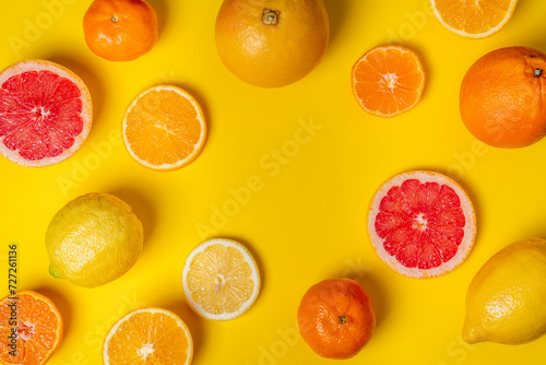 Collage of citrus fruits, whole, half and sliced, grapefruits, oranges, lemons and tangerines, on a yellow background, top view.
