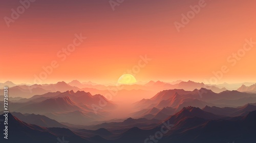 The sky begins to turn pinkish orange as the sun sets softly on the gliding lines of the mountains that look ethereal. The realistic mountain scenery gives a feeling the serenity and wonder of nature. © peerapong