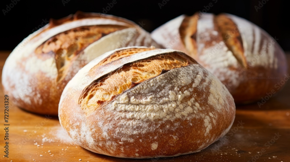 Artfully scored boules of artisan bread, highlighting the contrast between crust and crumb. Generative AI