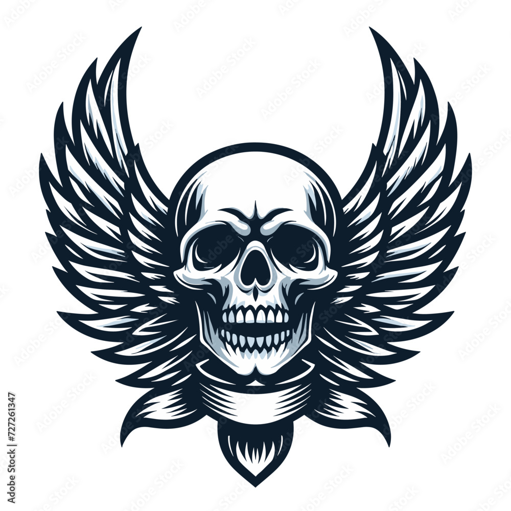 Skull wings vector illustration, winged skull badge emblem template suitable for apparel t-shirt, poster, motorbike club logo, tattoo. Design isolated on white background Skull wings vector illustration, winged skull badge emblem template suitable for apparel t-shirt, poster, motorbike club logo, tattoo. Design isolated on white background