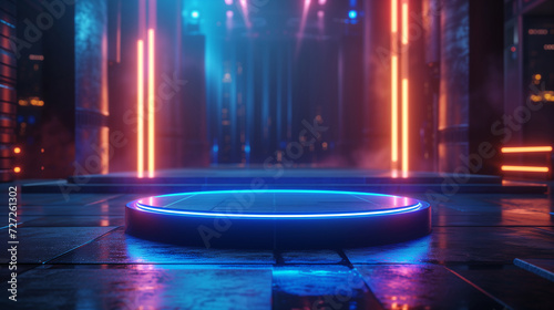 Sci Fi Futuristic Podium. Futuristic Stage neon. 3D rendering. Cyberpunk podium. Futuristic technology podium. on clorful neon light background © Naris