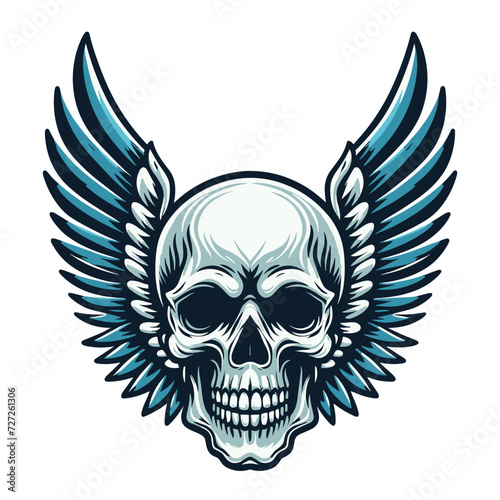 Skull wings vector illustration, winged skull badge emblem template suitable for apparel t-shirt, poster, motorbike club logo, tattoo. Design isolated on white background