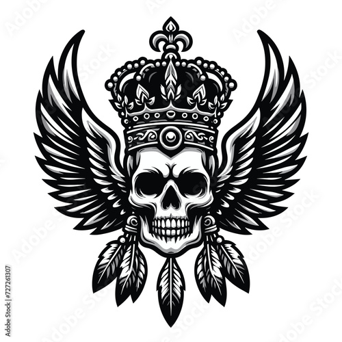 Skull wings crown vector illustration, winged skull badge emblem template suitable for apparel t-shirt, poster, motorbike club logo, tattoo. Design isolated on white background