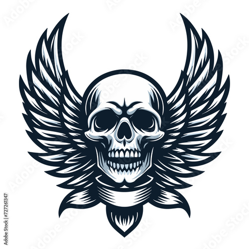 Skull wings vector illustration, winged skull badge emblem template suitable for apparel t-shirt, poster, motorbike club logo, tattoo. Design isolated on white background