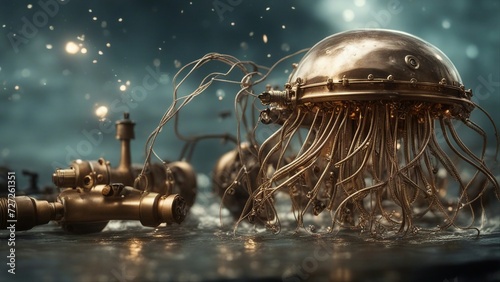  a steampunk               A dynamic scene of a steampunk jelly fish, with wires, propellers,  