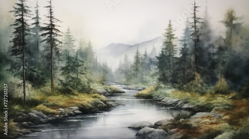 A serene river winding through a dense, foggy forest. landscape watercolor Generative AI