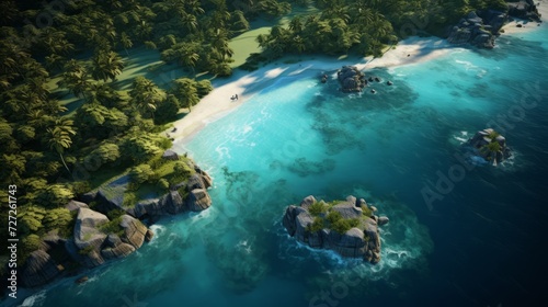 Bird's eye view showcasing an enchanting tropical island chain featuring lush palm groves, secluded coves, and shallow crystalline waters perfect for snorkeling. photorealistic Generative AI