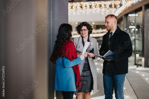 Professional business colleagues in casual business meeting at shopping mall.
