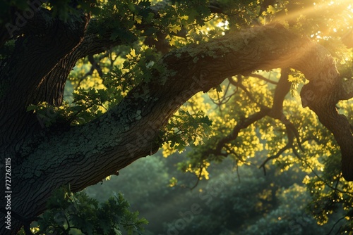 old oak tree foliage in morning light with sunlight © cong