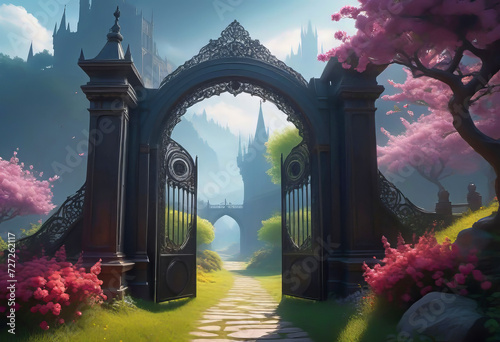 A mysterious portal in the form of a gate to another world, intricate patterns on the gate, fantastic flowering trees and beautiful flowers,