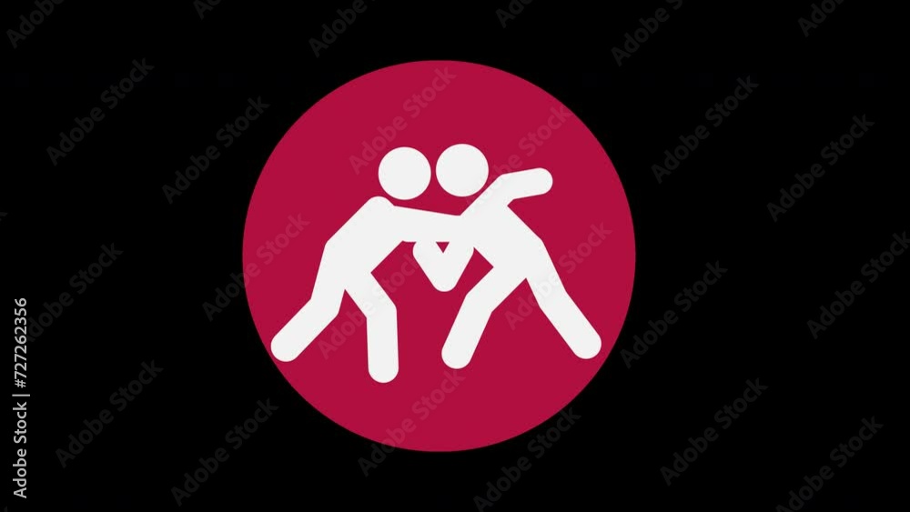Pictograma de los Juegos Olímpicos de lado izquierdo con el deporte lucha con alpha en un circulo rojo