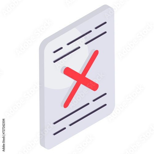 Cross sign with folded paper showcasing wrong file concept icon 