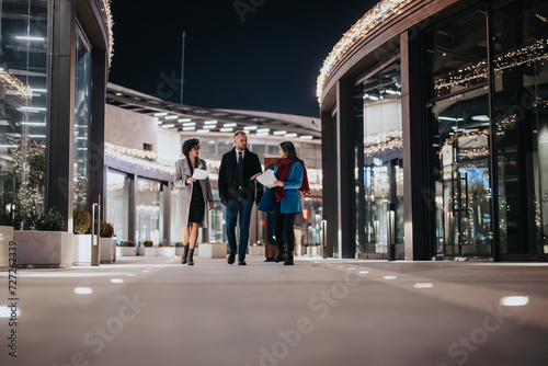 Young professionals in business attire walk and converse outside an office building adorned with festive lights, creating a blend of corporate and holiday vibes.. © qunica.com