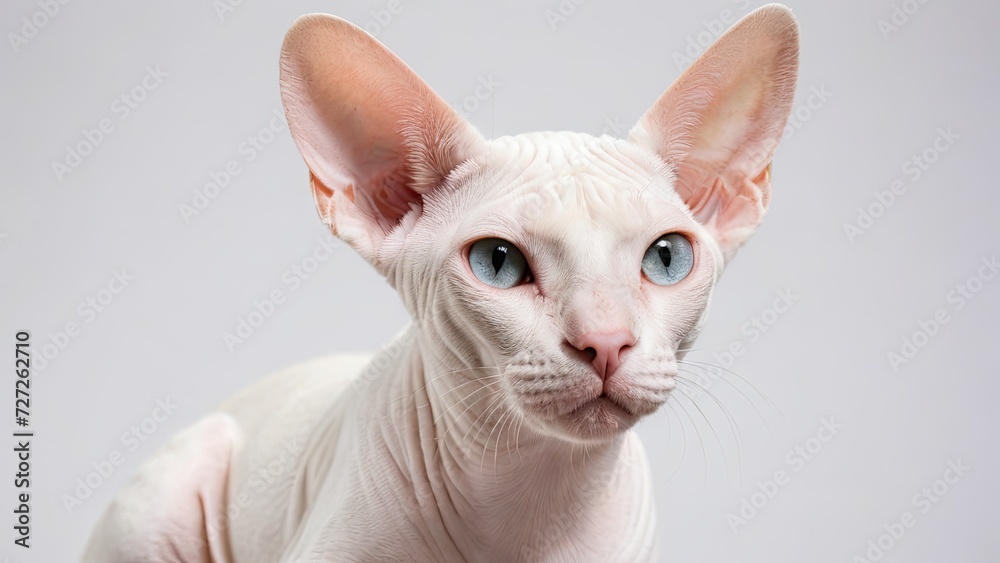 Portrait of White sphynx cat on grey background