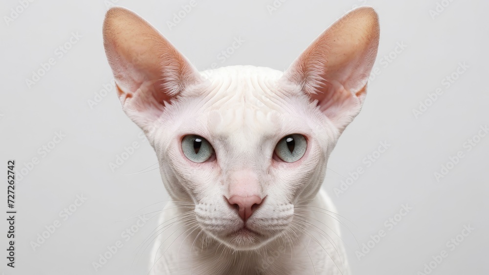 Portrait of White sphynx cat on grey background