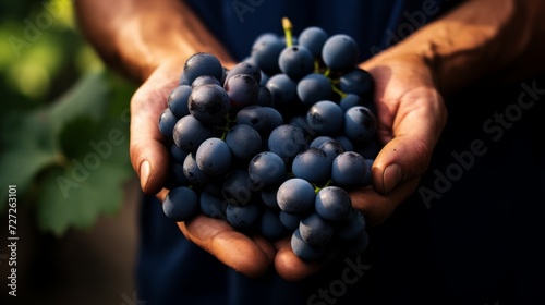 close-up of male hands holding a bunch of dark blue grapes, harvesting in the garden Generative AI