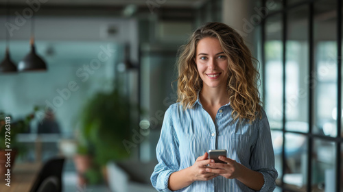 Smiling woman holding a smartphone in a modern office setting.