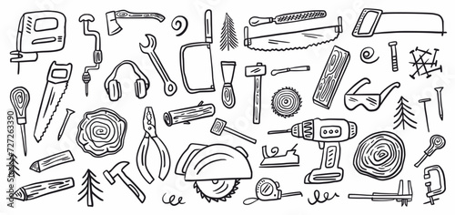 Vector collection of hand-drawn carpentry tools in doodle style