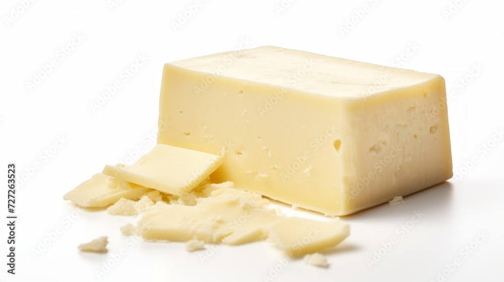 Close-up realistic photo featuring a creamy havarti cheese against a white background Generative AI Close-up realistic photo featuring a creamy havarti cheese against a white background Generative AI
