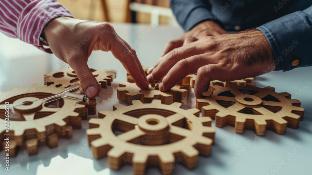 people's hands engaging with large interlocking wooden gears on a white surface, symbolizing teamwork and collaboration people's hands engaging with large interlocking wooden gears on a white surface, symbolizing teamwork and collaboration