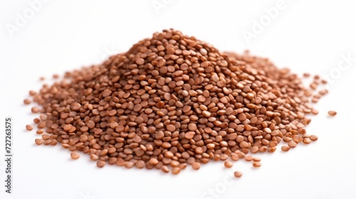 Close-up realistic photo featuring a small heap of buckwheat groats on a white background Generative AI