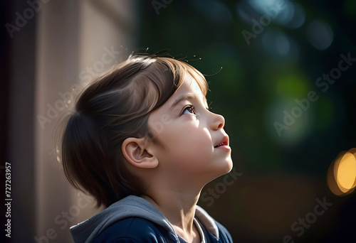 Surprised little child looking up, portrait of a child, concept of a happy and healthy childhood,