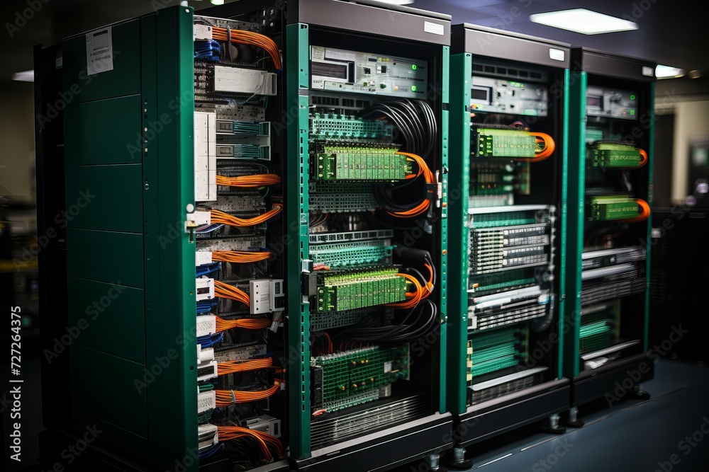 Data center interior with rows of servers and advanced cooling systems ...