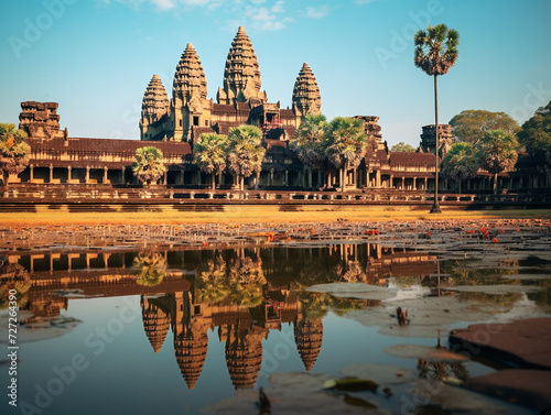 Aerial view of the majestic Angkor Wat temple complex in Cambodia  a UNESCO World Heritage Site.