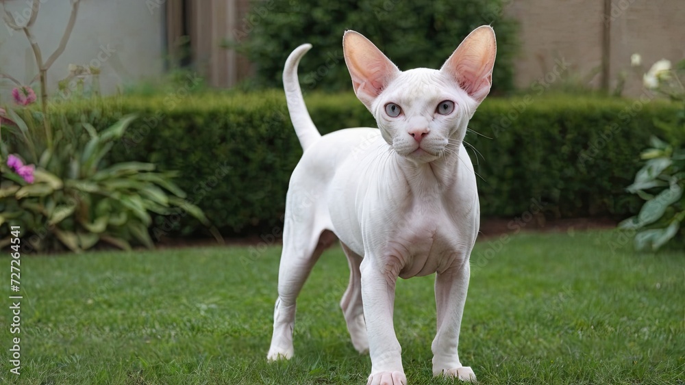 White sphynx cat in the garden