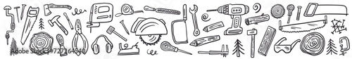 Vector horizontal pattern from a collection of hand-drawn carpentry tools in the doodle style
