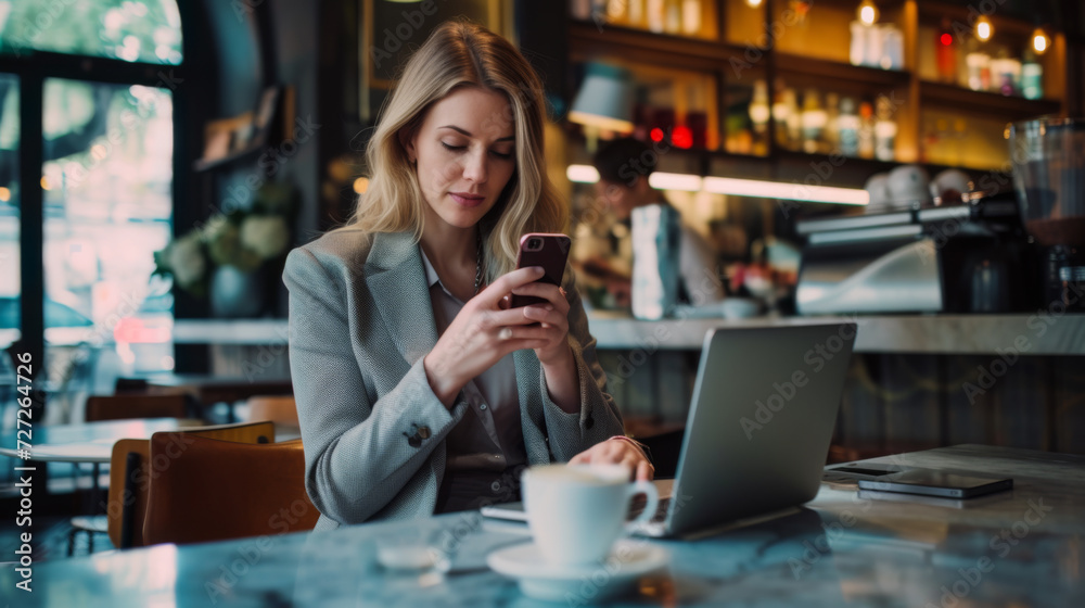 woman is looking at her smartphone with a laptop open in front of her and a cup of coffee on the table, sitting in a cafe environment