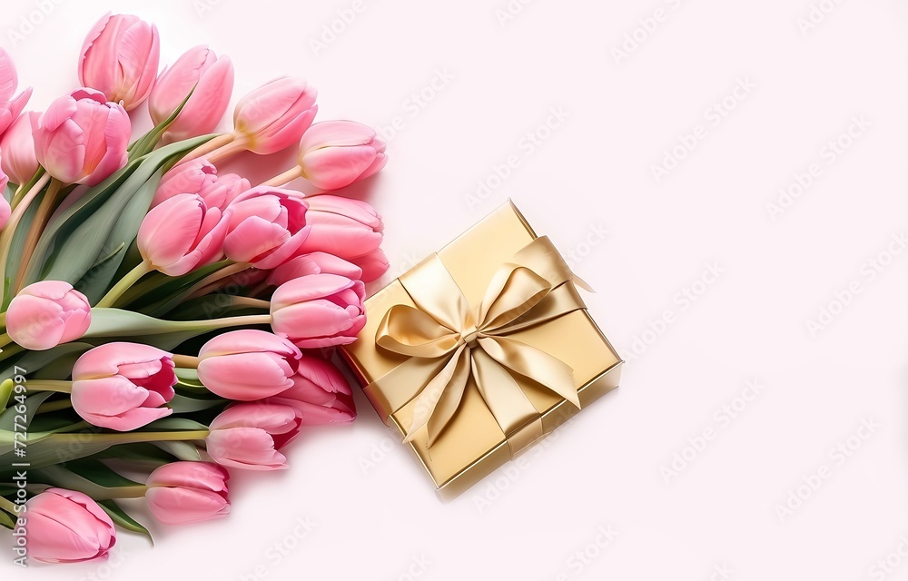 Tulips with festive giftbox, free space fot text Tulips with festive giftbox, free space fot text
