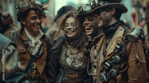 Conceptual image of a group of young post-apocalypse individuals in steampunk outfits, laughing and enjoying each other's company Generative AI