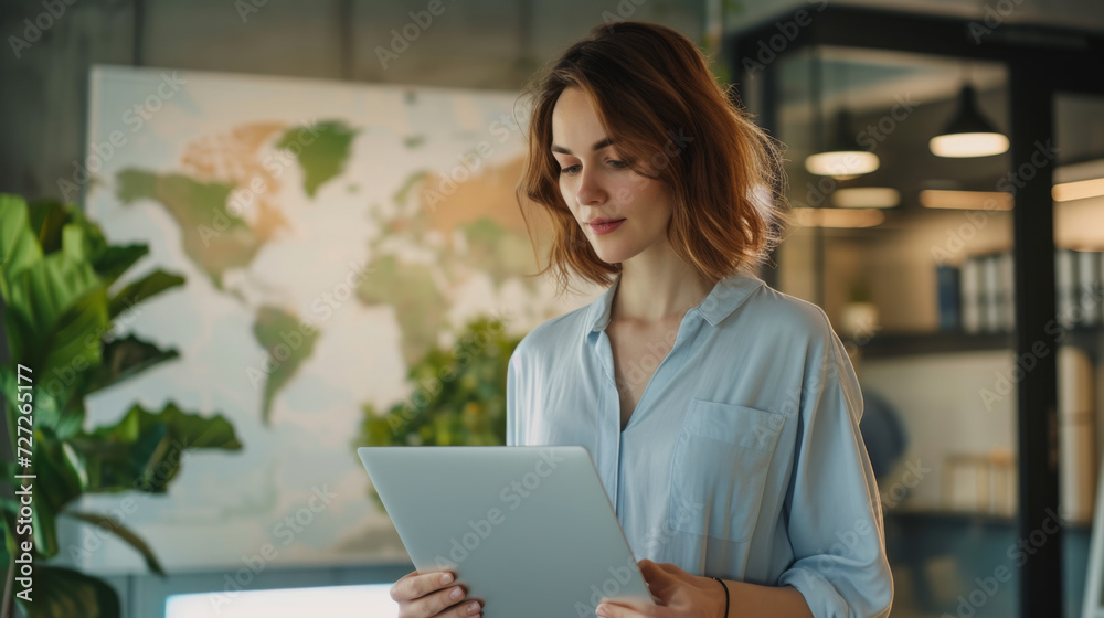 young woman is holding a tablet young woman is holding a tablet