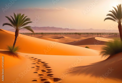 Traces of a caravan and a person on the sand in the hot Sahara  an oasis with palm trees and a lake in the background  hot and hot Sahara desert 