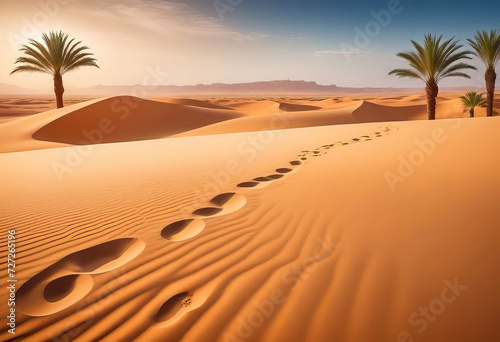 Traces of a caravan and a person on the sand in the hot Sahara, an oasis with palm trees and a lake in the background, hot and hot Sahara desert,