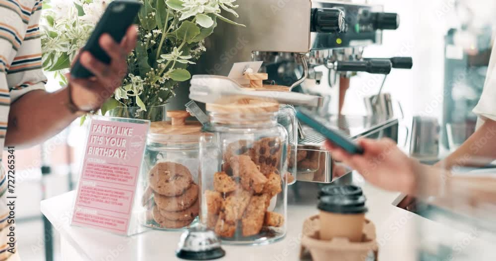 Hands, pos machine and cellphone payment for coffee or online transaction for easy checkout, customer service or takeaway. People, cafe and technology or small business drink, connectivity or digital