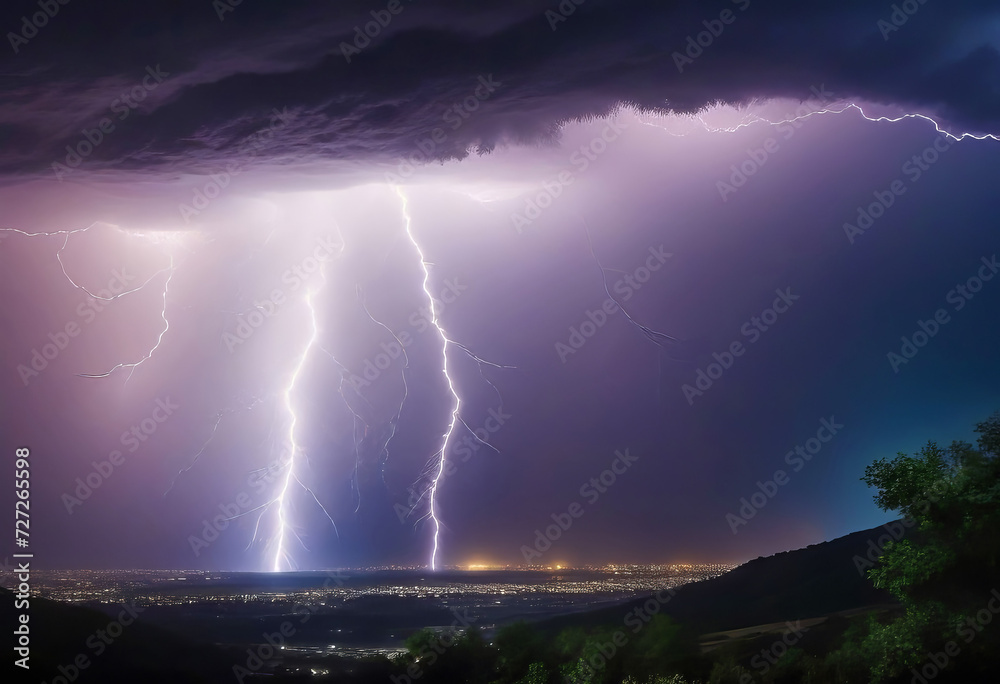 A thunderstorm with beautiful bright lightning, a strong storm with lightning, a riot of elements, natural phenomena,