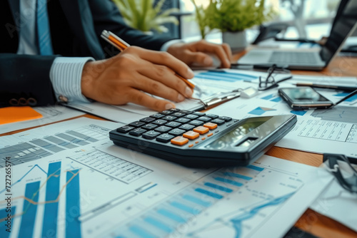  Auditor and accountant team working in office, analyze financial data and accounting record with calculator. Accounting company provide finance and taxation planning for profitable cash flow.
